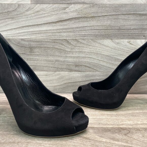 Gucci Black Suede Bamboo Heel Peep Toe Pumps Size 41 with Box - Picture 2 of 11
